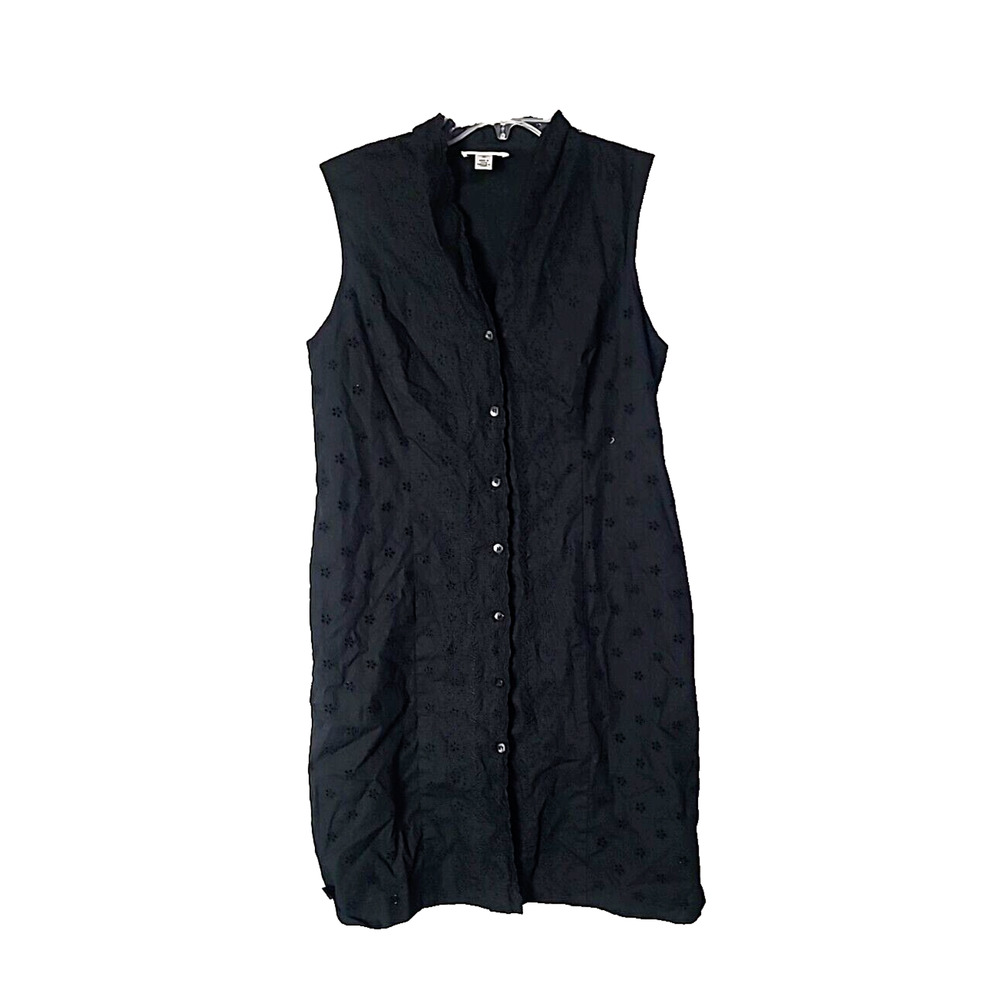 Talbots Black Eyelet Button Front Sleeveless Casual Shirt Dress Womans Size 10